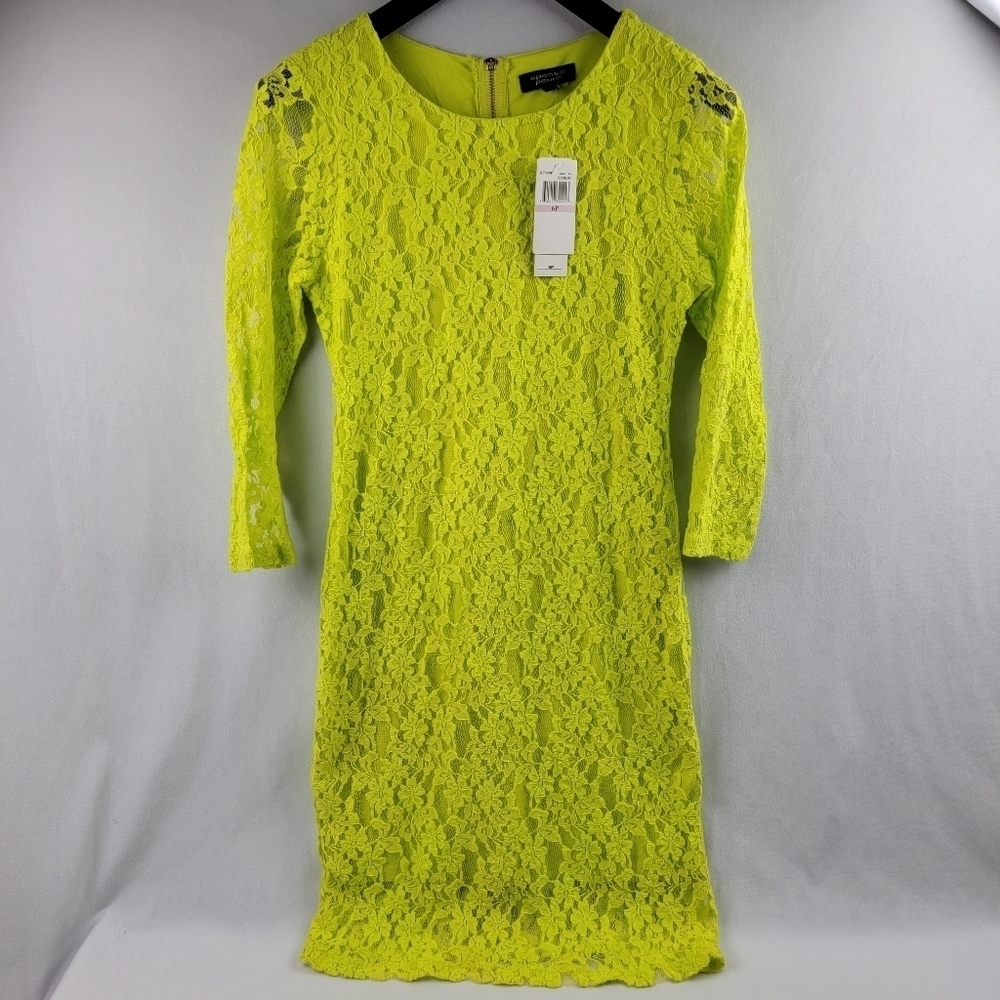 NWT Spence Petite neon green / Citron lace long sleeve fitted midi dress
